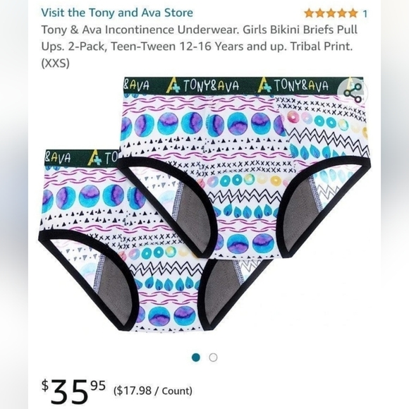 Tony & Ava Incontinence Panties Tween Bikini Briefs Pull Ups 2-Pack Size S - Picture 1 of 9